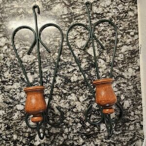 Vintage Metal and Wood Green‎ Taper Candle Holders set of 2